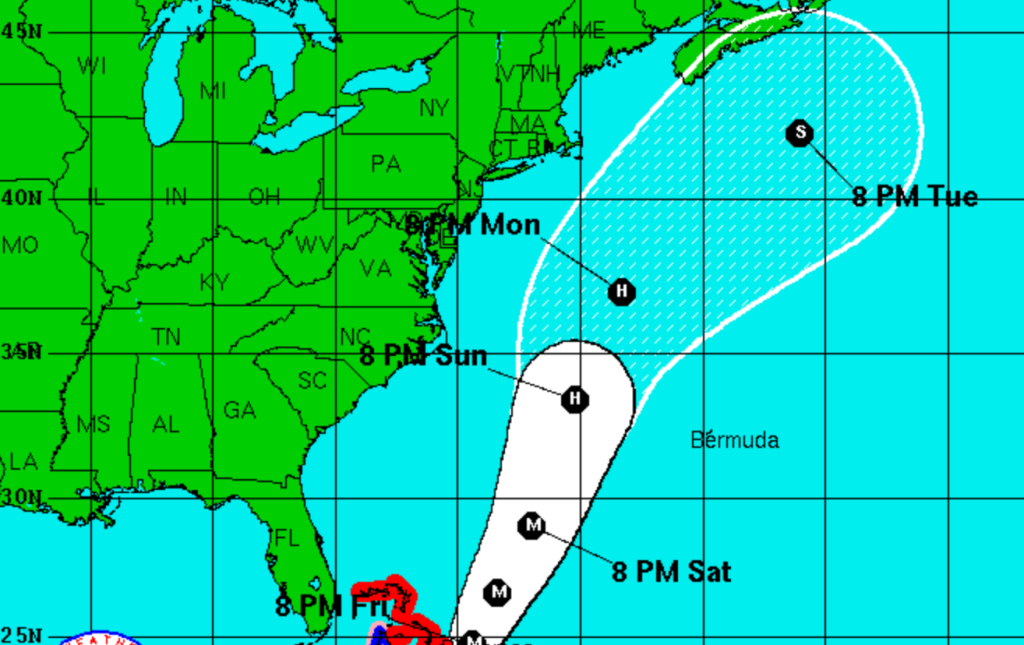 This screen grab from a National Weather Service map shows the track projected for Hurricane Joaquin as of 11 p.m. Thursday.