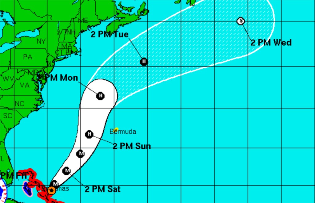 This screen grab from a National Weather Service map shows the track projected for Hurricane Joaquin as of 8 p.m. Friday.