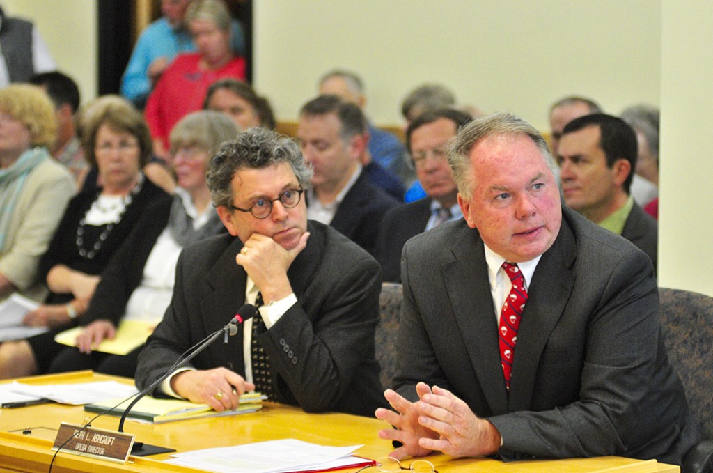 Goodwill Hinckley trustees chairman  Jack Moore, right, testifies at the government oversight hearing underway in Augusta. Joe Phelan / Kennebec Journal Staff Photographer