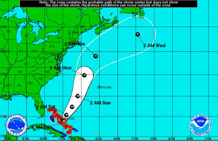 This screenshot shows NOAA's predicted track for Hurricane Joaquin, as of 5 a.m. Friday.