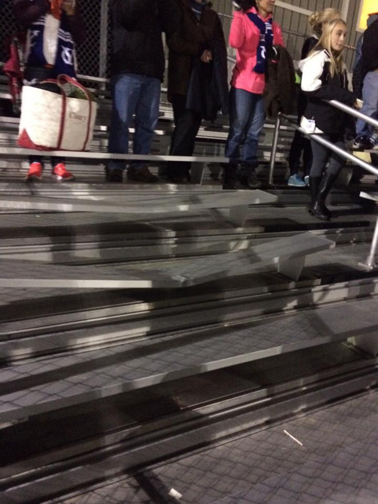 A row of bleachers at the Ricky Gibson Field of Dreams was damaged by spectators during the Class B South boys soccer championship game between host Maranacook and Yarmouth on Wednesday night in Readfield.