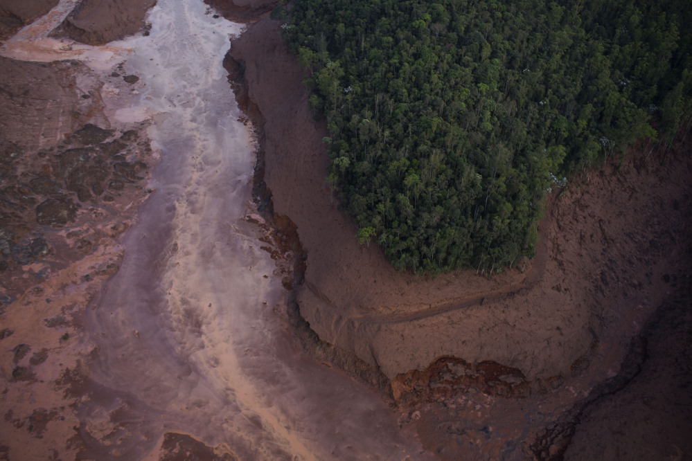 Aerial view of a mudslide after a dam burst at the small town of Bento Rodrigues in Minas Gerais state, Brazil, on Friday.