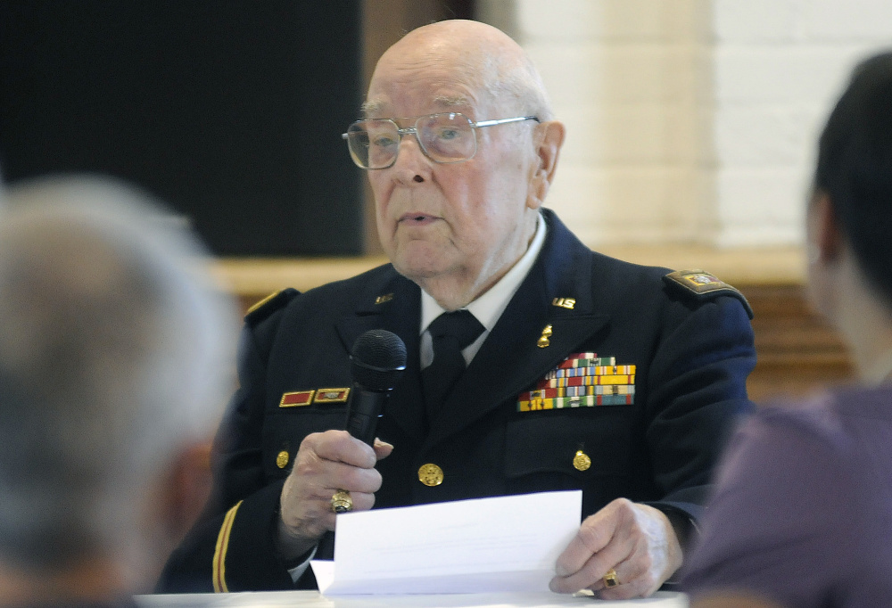 Ivan LaBree discusses on Sunday his service during WWII at Penney Memorial United Baptist Church in Augusta.