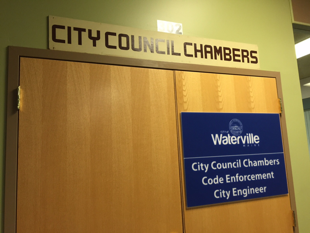 The entrance to the Waterville City Council chambers inside The Center in downtown Waterville.