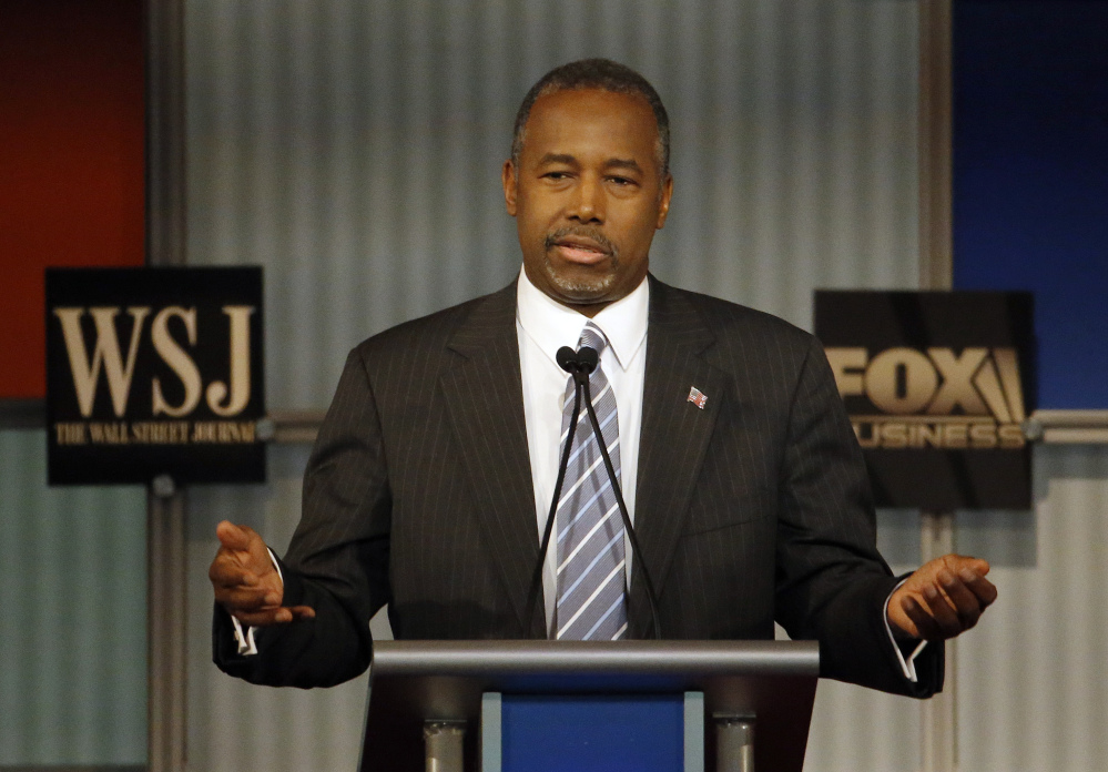 Ben Carson speaks during Republican presidential debate Tuesday night. Carson, who has been questioned about the truth of his biography, said, “I have no problem with being vetted. What I do have a problem with is being lied about.”