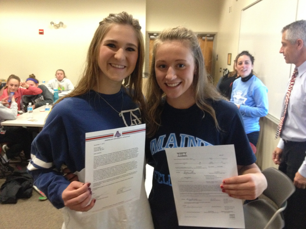 Messalonskee seniors Riley Field, right, and Emily Hogan signed their National Letters of Intent to play Division I field hockey next fall. Field will attend the University of Maine while Hogan will go to American University in Washington, D.C.