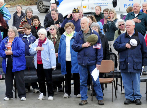 Attendees recite the Pledge of Allegiance at the Veterans Day ceremony in Farmington on Wednesday.