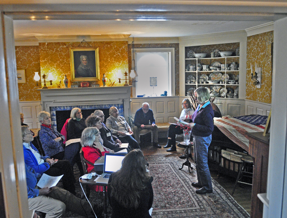 Karen Simpson talks about the Vaughan family members’ experiences of the War of 1812 during a Veterans Day event on Wednesday at the Vaughan Homestead in Hallowell.