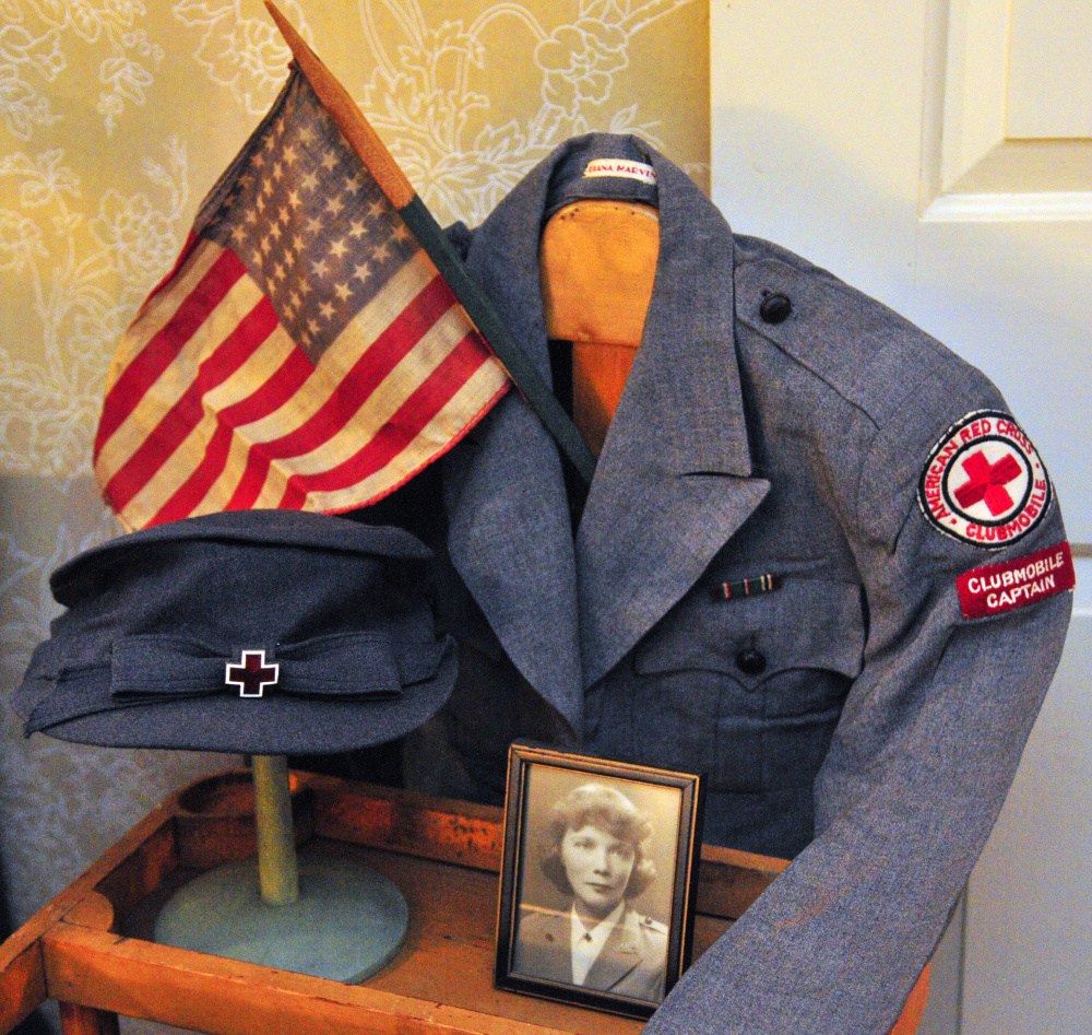Diana Marvin Gibson’s World War II Red Cross uniform is on display during a Veterans Day event on Wednesday at the Vaughan Homestead in Hallowell.
