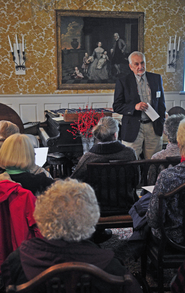 Ron Kley speaks about researching the Vaughan family’s participation in American wars dating back to 1812 during a Veterans Day event on Wednesday at the Vaughan Homestead in Hallowell.