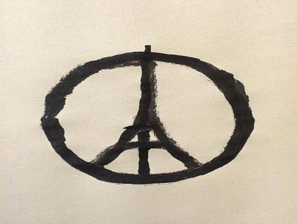 This photograph shows a piece of artwork created by Jean Jullien, a French graphic designer living in London. Jullien said the design came to him by simple association of Paris and peace.