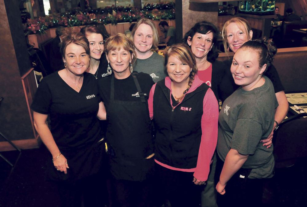 The staff at Ken’s Restaurant in Skowhegan helped raise money for the Family Violence Project and the owners matched the amount. Shown at the restaurant on Thursday are, front row from left, Tammie Webber, Jolly Stillman, owner Monique Dionne and Jacqueline Matiheu. In back from left are Alex Currie, Holly Damren, Kelly Smith from Family Violence Project and Caroline Armstrong.