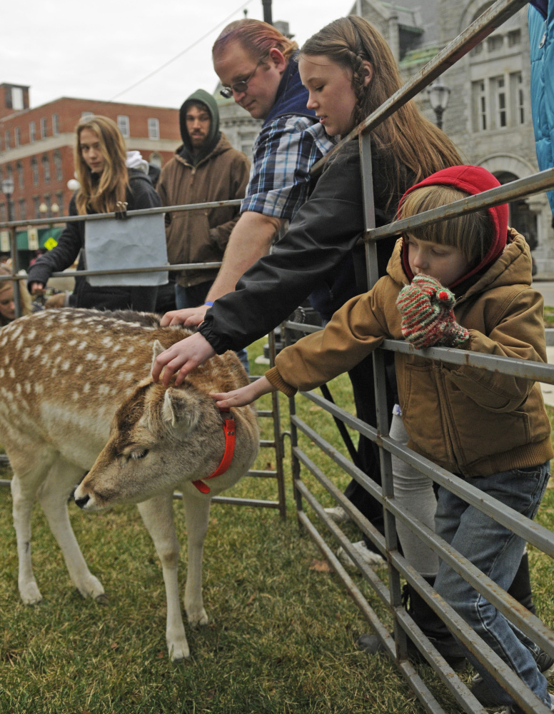 Austin McDaniel, third from left, Cheyenne MacInnes and Jacob MacInnes pet a reindeer Saturday during The Riverfront Holiday event in downtown Augusta.
