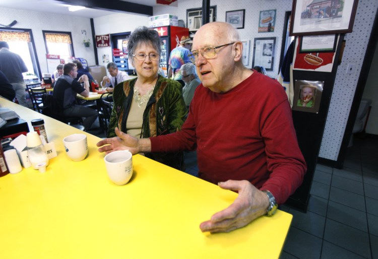 Joan and Bert Caron, both 80, sitting at the counter at Simones’ hot dog stand in Lewiston on Wednesday, said they voted for Ben Chin and plan to do so again in next month's runoff.