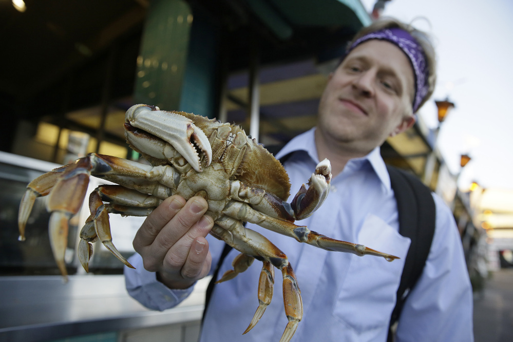 Michael Bair, of Lexington, Kentucky, holds an imported Dungeness crab from the Northwest at Fisherman’s Wharf in San Francisco. The Dungeness crab season is threatened by an algae bloom.