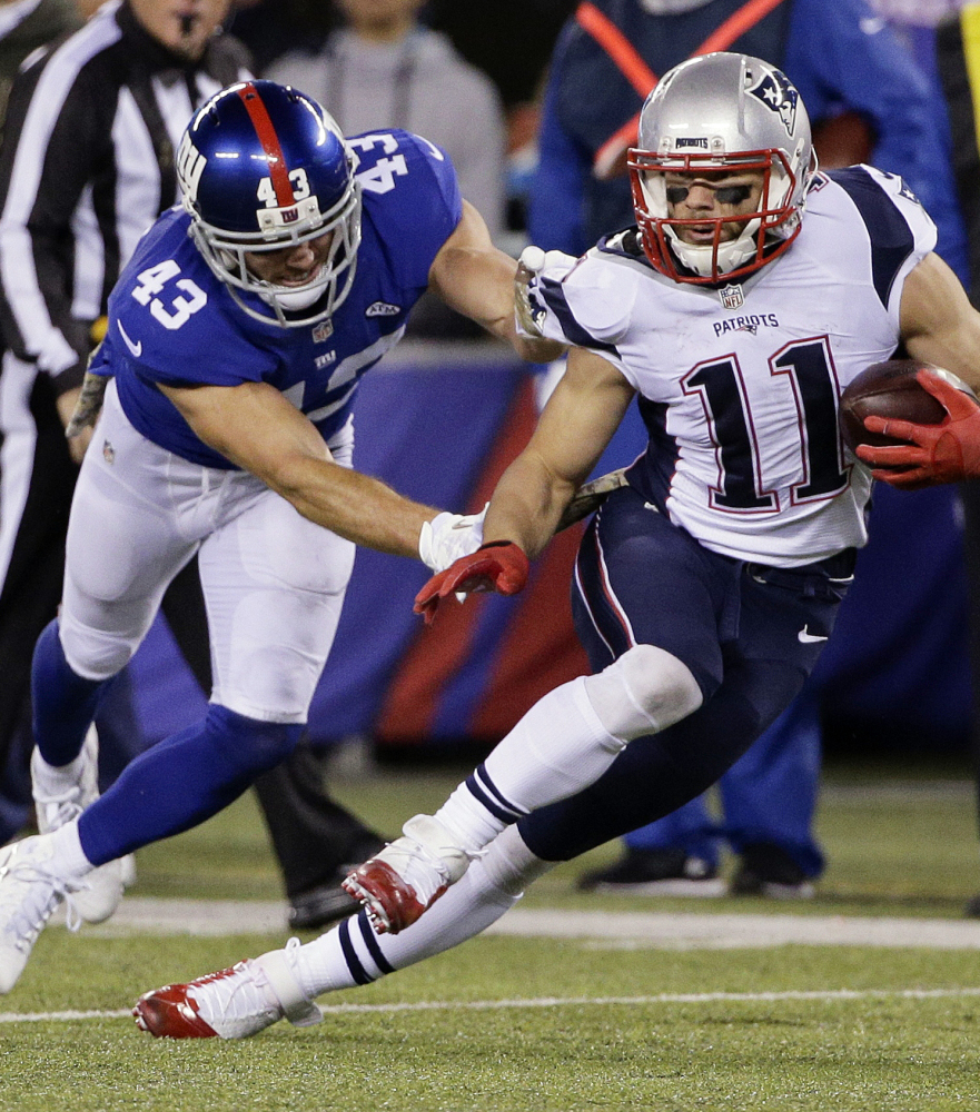 Wide receiver Julian Edelman had four catches for 53 yards in the first quarter Sunday before leaving with a left foot injury. Edelman reportedly has a broken bone.