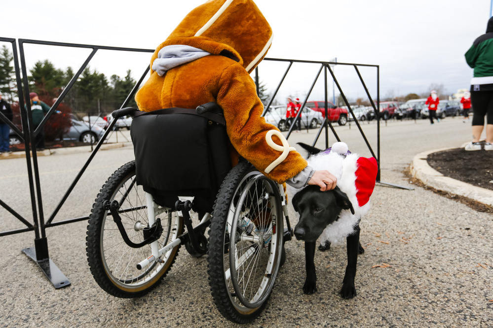 Saco resident Amy James, dressed as a gingerbread man, pets service dog Ebony near the finish line at the annual Santa Hustle Half Marathon and 5K on Sunday at the Maine Mall. James said she was there to support her cousin who ran the race.