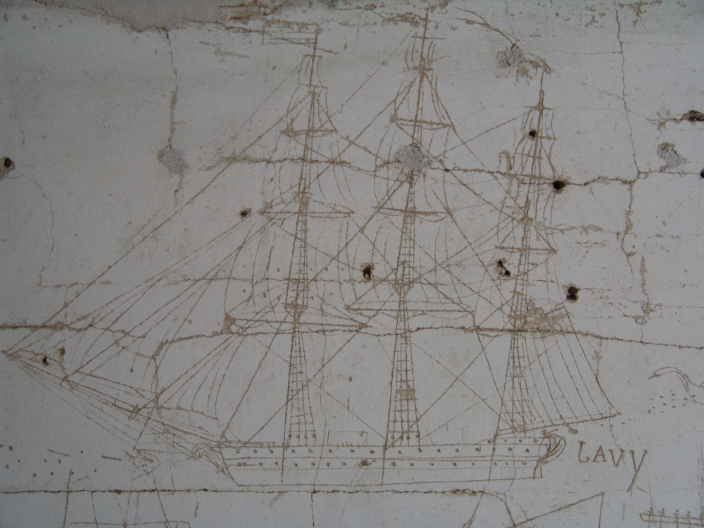 An etching of a ship is one of the many nautical scenes on the walls of the historic Pettengill Farm at Freeport. Photo courtesy James Myall
