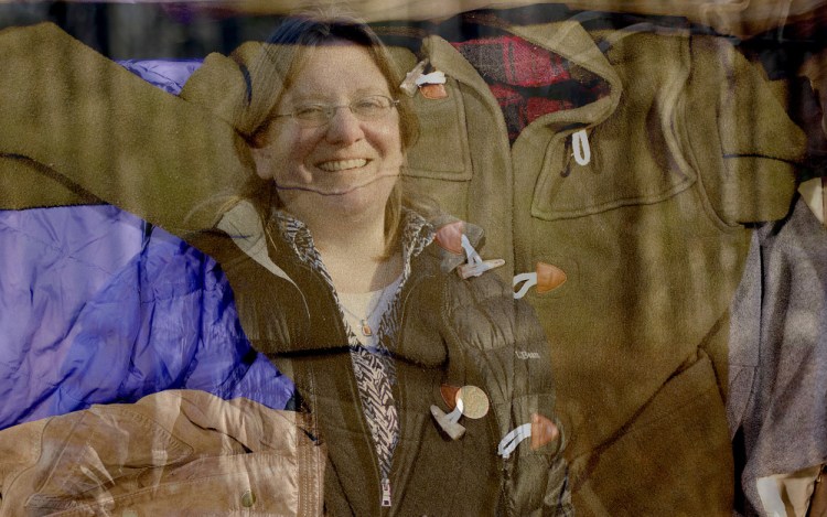 One of Jessica Maurer’s projects for the Maine Association of Area Agencies on Aging is keeping seniors warm in winter by providing them with coats, like the one at L.L. Bean superimposed above.