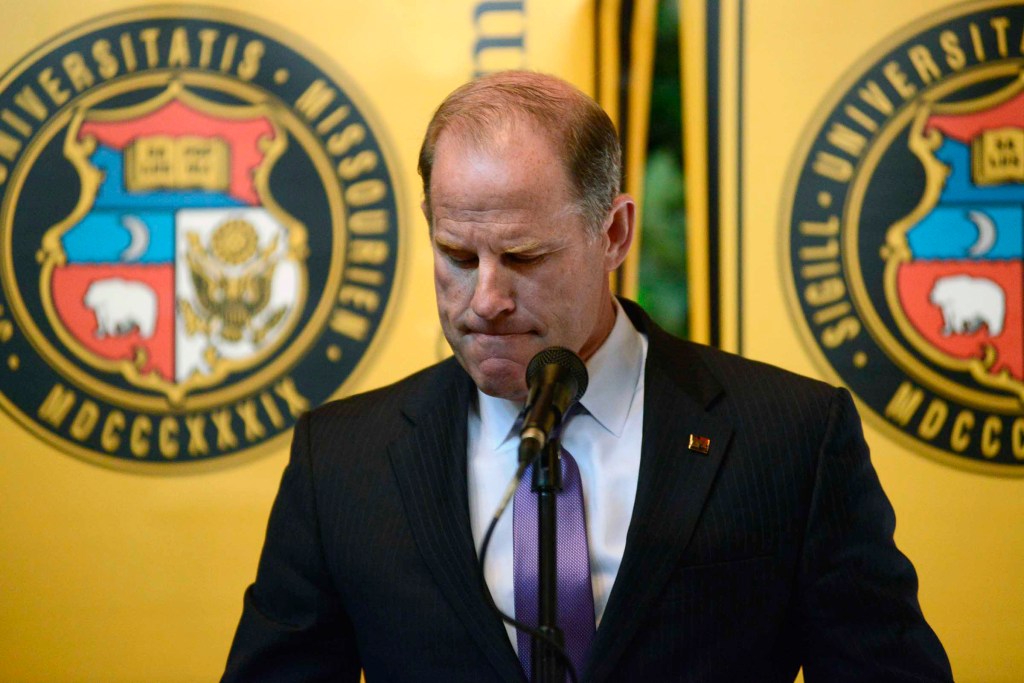 University of Missouri system President Tim Wolfe announces his resignation from office Monday. Wolfe has been under fire for his handling of race complaints that threatened to upend the football season and moved one student to go on a hunger strike.
Justin L. Stewart/Columbia Missourian via AP