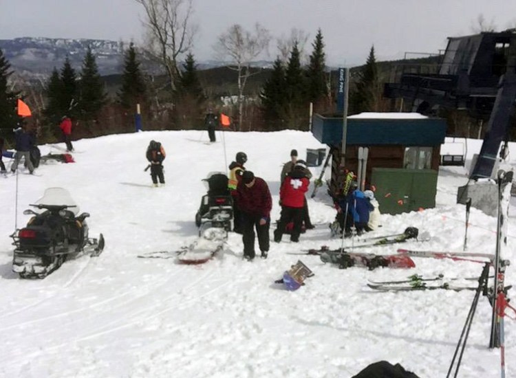 First aid is administered to injured skiers at Sugarloaf Mountain Resort after a chairlift malfunctioned last March. The Associated Press/Greg Hoffmeister