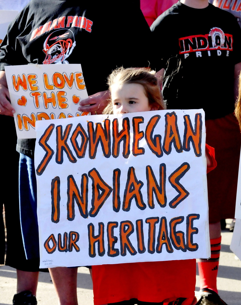 Skylar Carter was among 40 people who turned out to support keeping the Indians nickname for Skowhegan High School in April. The “Not Your Mascot” group, headed by Maulian Smith, has gathered 581 signatures. Meanwhile, a petition asking Smith to cease and desist “harassment” of supporters is being sent to her and law enforcement officials.