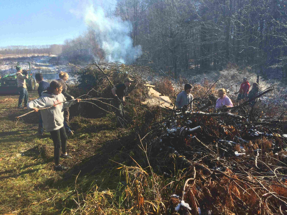 The Air Force volunteers piled brush recently at the Viles Arboretum in Augusta.