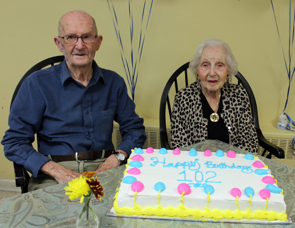 Contributed photo Thomas Follette, left, and Helene Linenthal recently celebrated their 102nd birthdays at Arbor Terrace in Gardiner.