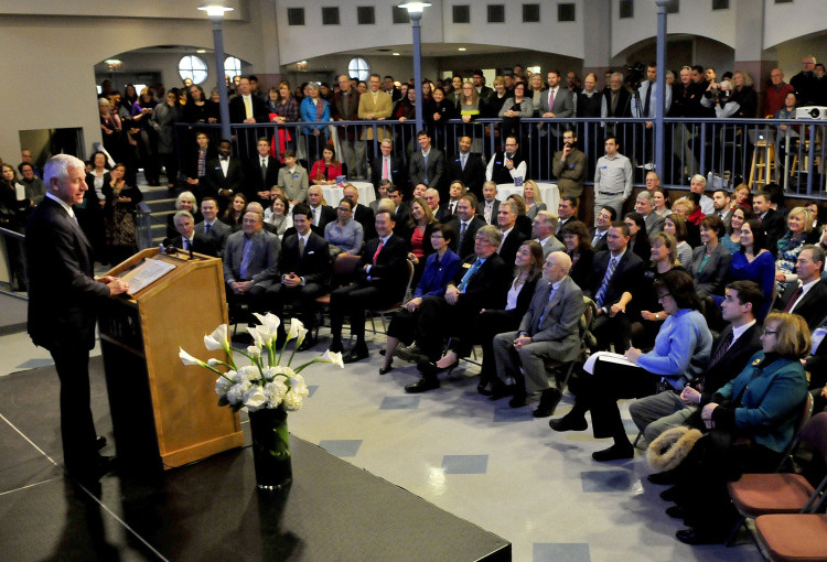 William C. Robichaud Sr., founder, president and CEO of Collaborative Consulting announced that his company will soon open the Collaborative Waterville Delivery Center in the Hathaway Center during an announcement at Colby College in Waterville on Wednesday.