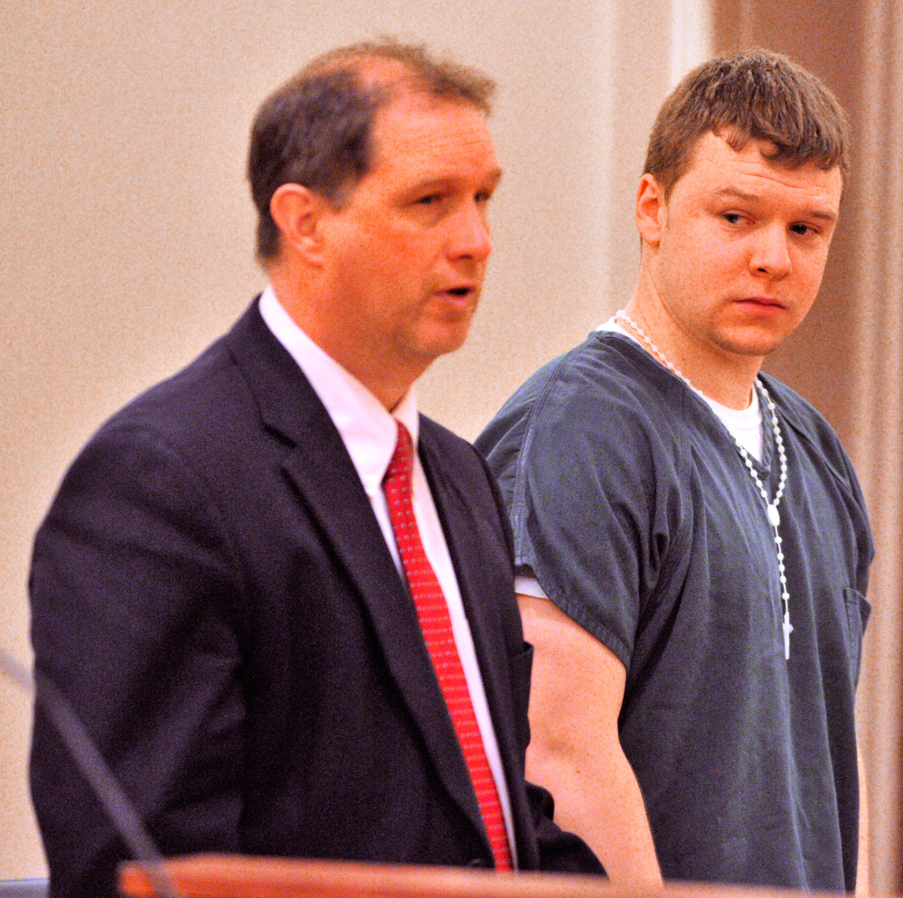 Attorney Brad Grant, left, speaks for his client Thorr Dennis Ellis, 21, of Gardiner, on Thursday in Capital Judicial Center during a sentencing hearing on a charge of manslaughter.