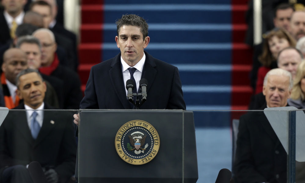 Poet Richard Blanco speaks at the U.S. Capitol in Washington during the 2013 inauguration of President Barack Obama. Blanco will be in the Waterville area Tuesday, first reading to and speaking with students at Winslow Junior High School and later at the Waterville Opera House, reading “One Today.”