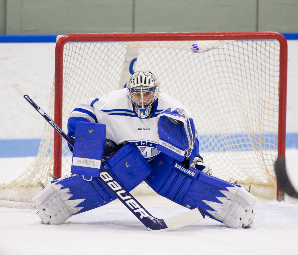 Contributed photo/Colby athletics Colby sophomore goalie Emerson Verrier has a .947 save percentage this season and is a big reason why the Mules have yet to allow a power play goal.