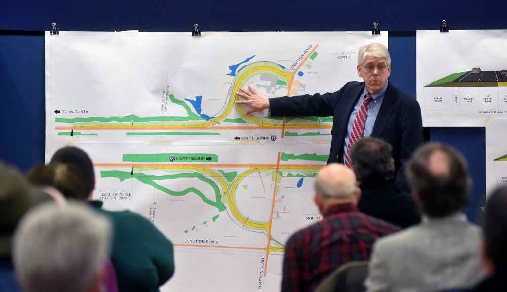 Bill Moore discusses the plans for the proposed construction of a full-service interchange at Interstate 95 and Trafton Road in Waterville during a public meeting Wednesday hosted by the Maine Department of Transportation at the Spann Commons Summit Room at Thomas College in Waterville.