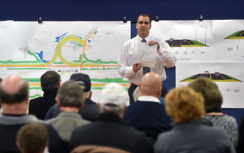 Ernie Martin, a project manager with the Maine Department of Transportation, discusses the proposed full-service interchange at Interstate 95 and Trafton Road in Waterville during a public meeting Wednesday hosted by the DOT at the Spann Commons Summit Room at Thomas College in Waterville.