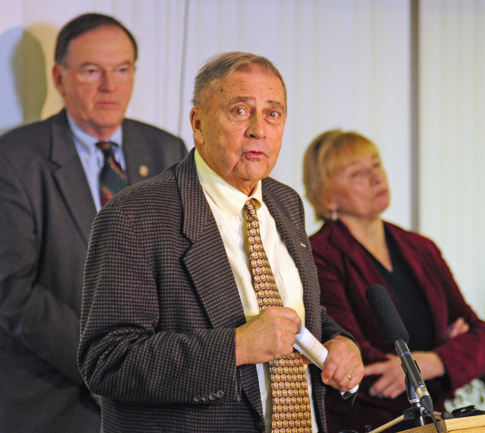 U.S. Attorney Thomas Delahanty, left, Commissioner John Morris and Attorney General Janet Mills take questions during a Maine Opiate Collaborative news conference on Thursday at the Maine Medical Association in Manchester.