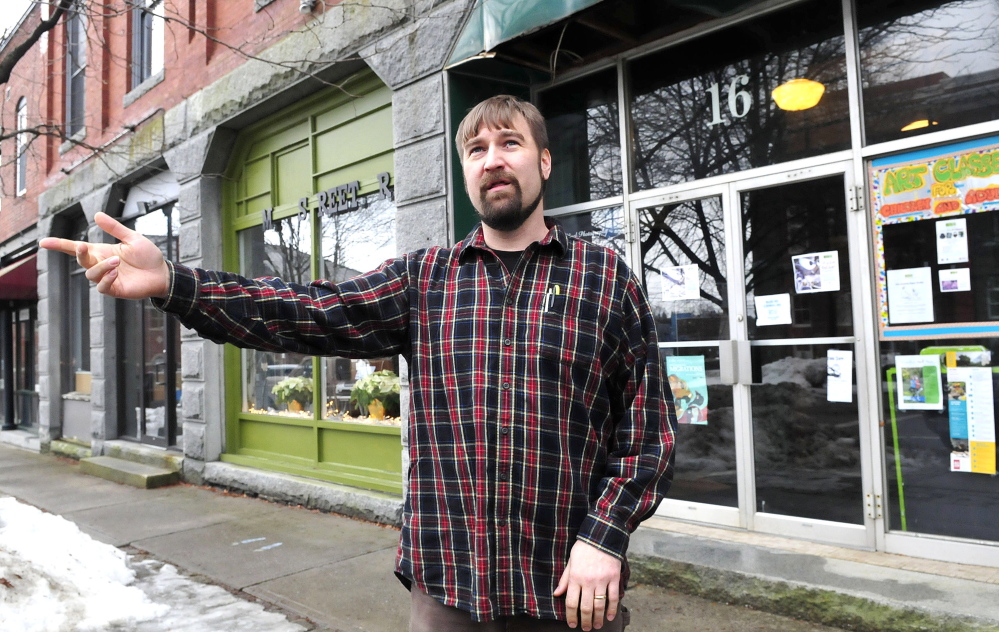 Nate Rudy, director of Waterville Creates!, in front of the Common Street Arts gallery in Waterville last year. Rudy said Monday that funding for the organization from the Harold Alfond Foundation shows a commitment to arts and culture in the city.