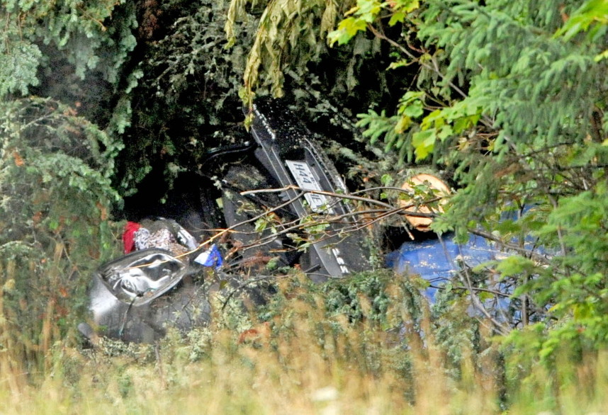 The wreckage of the accident that police believe happened on July 28. Francine Dumas and Martin Poulin, of Quebec, were found dead in the wreckage by thier family Aug. 4. The accident report was released Monday after a Freedom of Information Act request by the Morning Sentinel.
