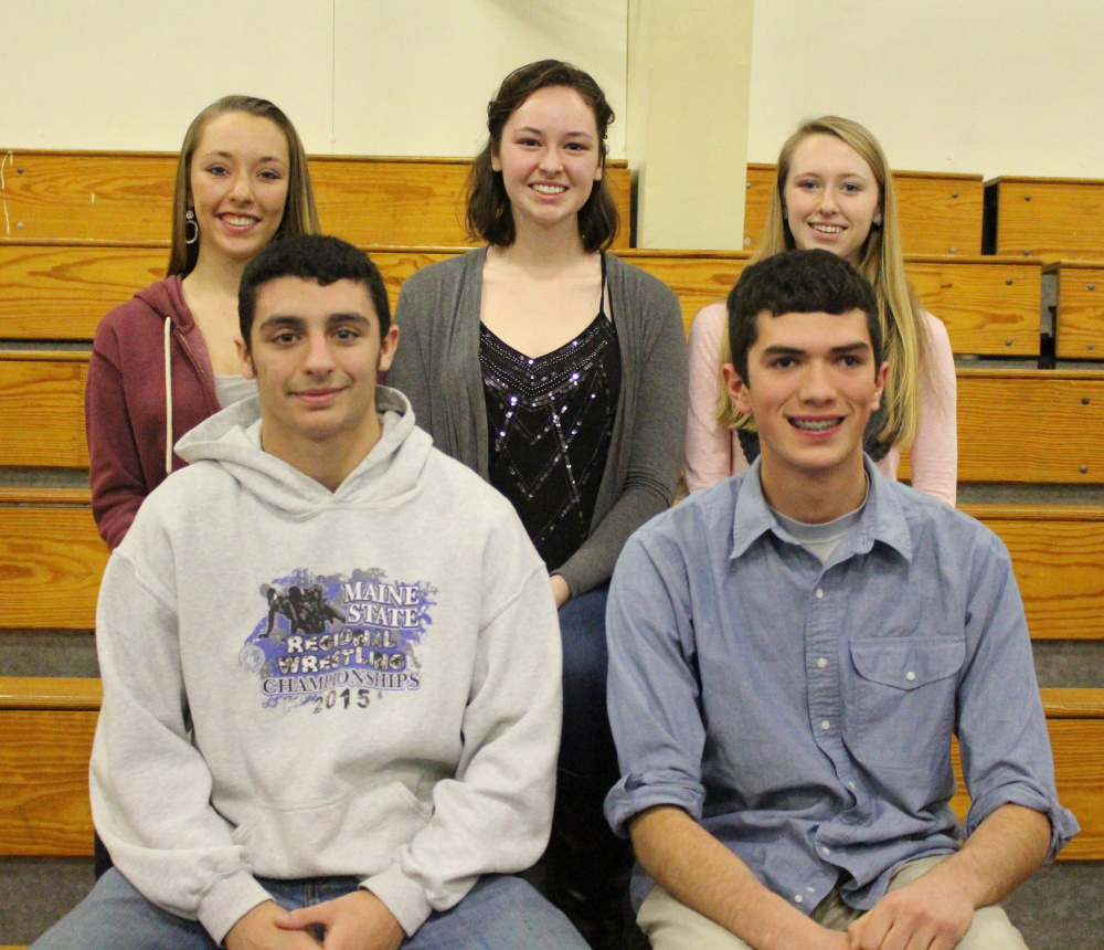 Seniors of the Trimester, IN front, from left, are Justin Studholme and Angelo Sacks. In back, from left, are Mackenzie Gayer, Katharine Holzwarth and Jordan Bowie.