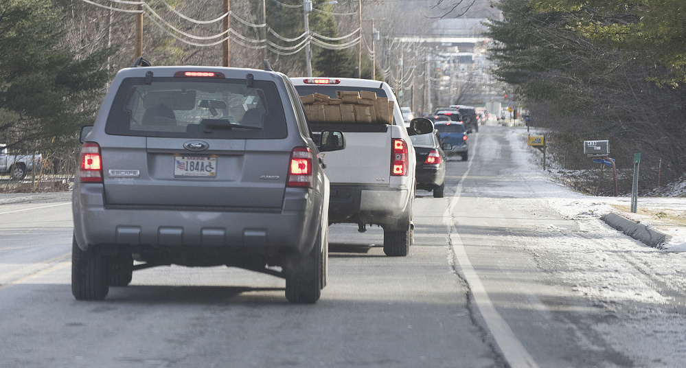 Traffic backs up along Route 104 going into Waterville from Fairfield last Monday morning. Summit Natural Gas line work at the interesection of Armory Road and Main Street backed up traffic in all directions for several hours.