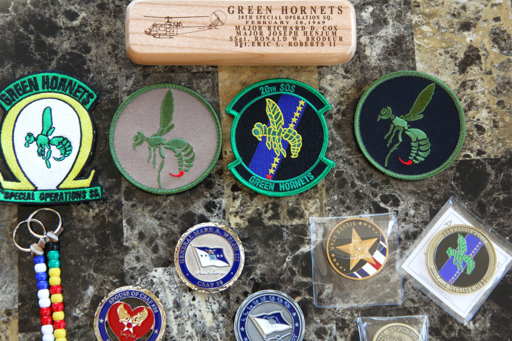 Squadron patches and challenge coins are a few momentos Vietnam veteran Ron Brodeur, 70, of Chelsea was acquired since his time as a Staff Sergeant in the Air Force’s 20th Special Operations Squadron, known as the Green Hornets.