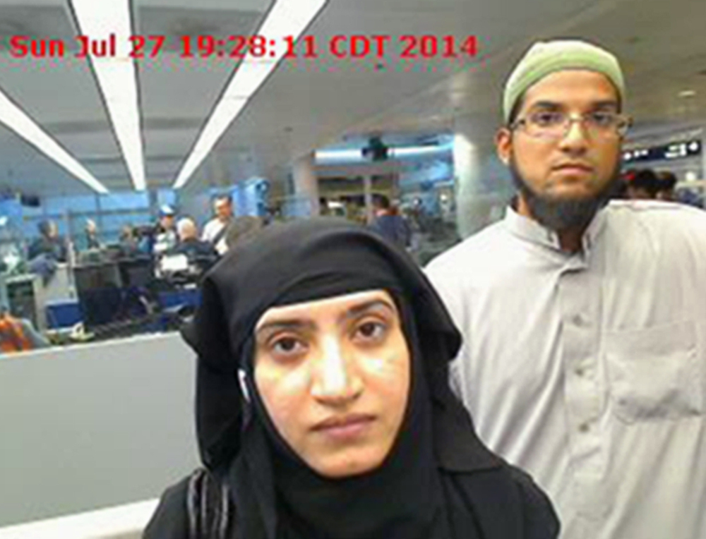 Tashfeen Malik, left, and Syed Farook in a 2014 U.S. Customs and Border Protection photo taken O’Hare International Airport in Chicago. The man who bought rifles for the pair was identified as a relative.