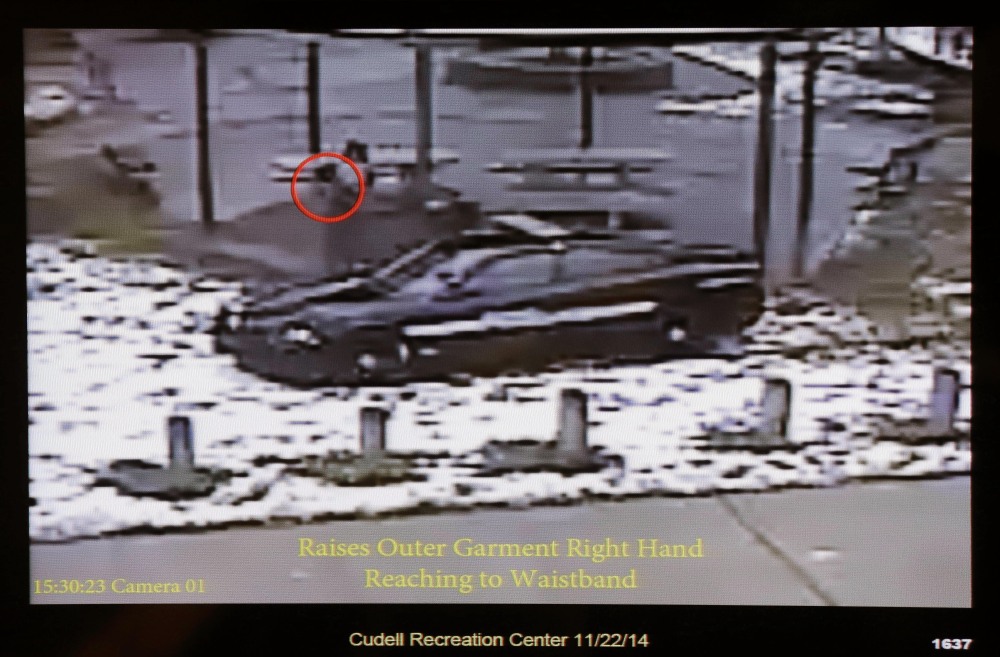 This photo taken from a surveillance video recorded Nov. 22, 2014, shows Cleveland police officers arriving at Cudell Park on a report of a man with a gun. Twelve-year-old Tamir Rice was fatally shot seconds later. Cuyahoga County prosecutor Tim McGinty announced Monday that a grand jury declined to indict the officer.