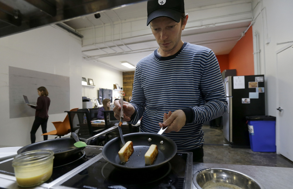 Hampton Creek Foods pastry chef Ben Roche prepares french toast made with Just Scramble in San Francisco. Hampton Creek’s mission is to replace the eggs in products without anyone noticing.