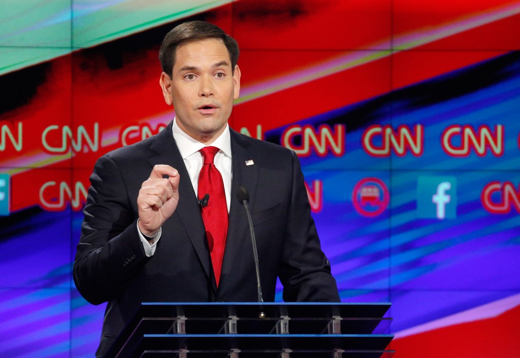 Sen. Marco Rubio, speaking in the Republican presidential debate, said Donald Trump's plan to keep foreign Muslims out of the U.S. "isn't going to happen."
The Associated Press