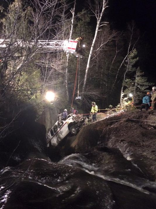 A rescue team in Rangeley Thursday rescued the driver of a commercial truck that veered off Route 4 and landed on a rock ledge. The gorge below the vehicle dropped about 60 feet to a pool of water.