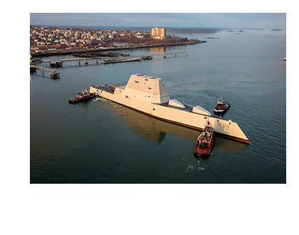 The Zumwalt is turned by tugboats in Portland Harbor.
(Photo by Dave Cleaveland Maineimaging.com)
