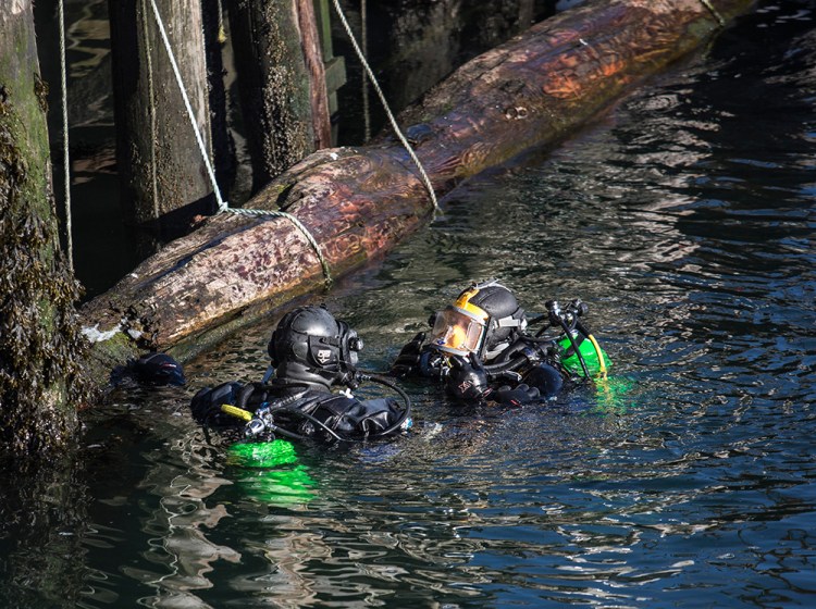 The Portland Fire and Police departments continue their dive search for missing person James Dyer near Union Wharf in Portland on Tuesday. Whitney Hayward/Staff Photographer