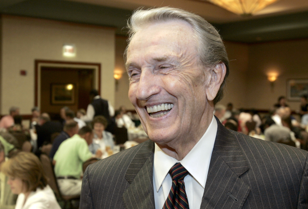 In this 2006 photo, former U.S. Sen. Dale Bumpers, D-Ark., laughs after an interview before addressing an Energy and Value-Added Products from Biomass workshop in Little Rock, Arkansas. Bumpers, a former Arkansas governor and U.S. senator who earned the nickname “giant killer” for taking down incumbents, and who later gave a passionate speech defending Bill Clinton during the president’s impeachment trial, died Friday in Little Rock at age 90.