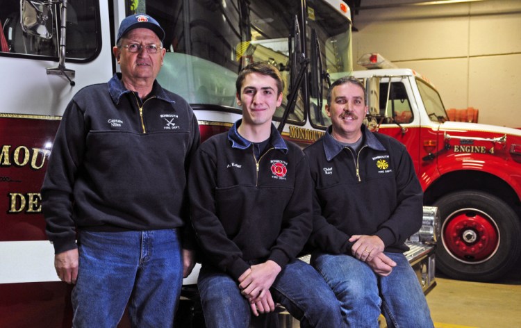Capt. Dan Niles, left, firefighter Angus Koller and Chief Dan Roy, shown in a photo from last week, are part of a strong and vibrant volunteer fire department in Monmouth.