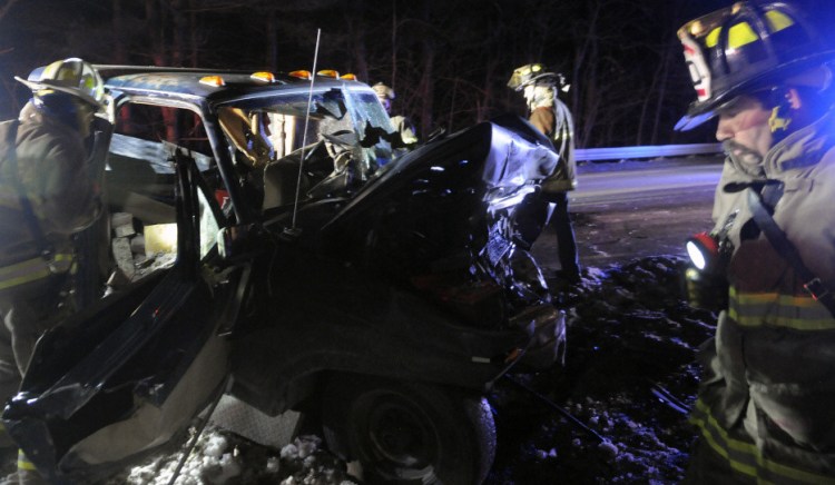 Firefighters check a pickup truck that collided with another pickup on Route 9 in Chelsea, injuring three people on Monday evening. All the victims had to be extricated from the vehicles, police said, to be treated for multiple, life threatening injuries.